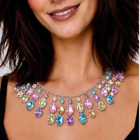 Stampd Jewelry - Multicolor Sterling Silver Crystal Teardrop Statement Necklace